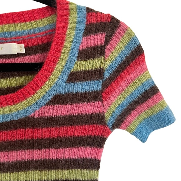 Chaber Stripe Rainbow Multicolored Fuzzy Short Sleeve Sweater Approx XS - Picture 7 of 10